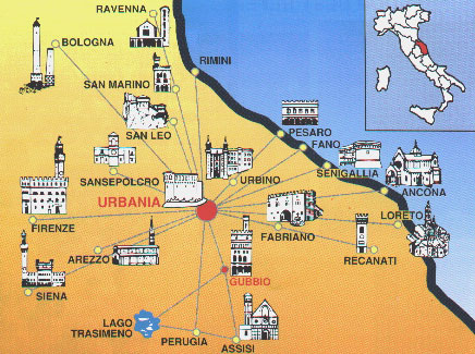 Map of Urbania and surrounding cities